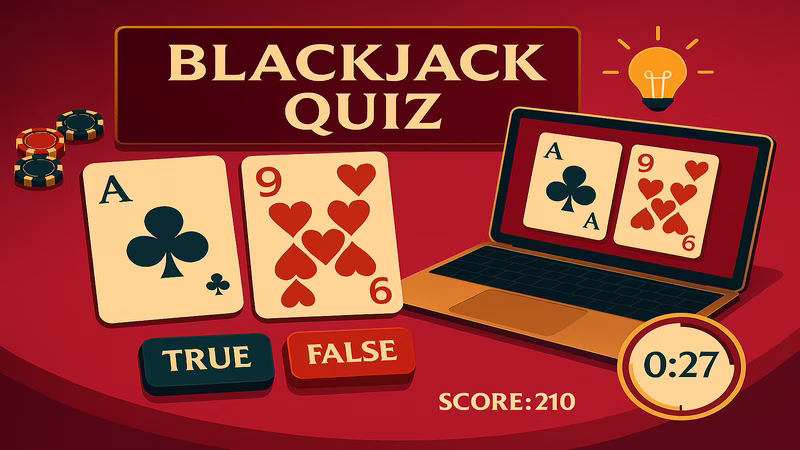 Blackjack quiz wording over a online laptop with colors of red, with a blackjack table in the background and layered with cards and casino chips.