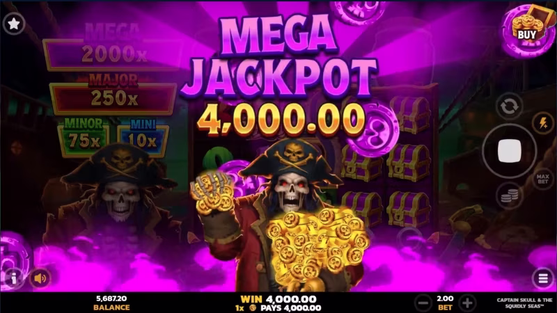 Captain Skull & the Squidly Seas™ In-game mega jackpot win screen for Spin Casino Canada online slots