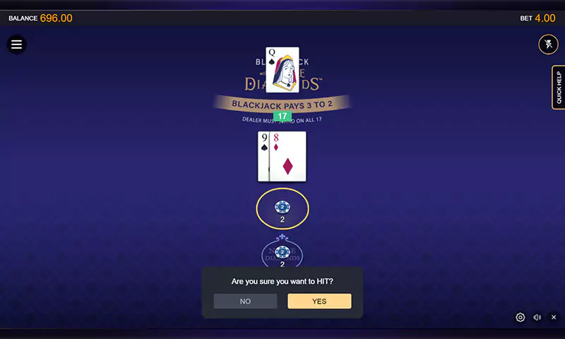 Classic Blackjack with Noble Diamonds™ gameplay screen - Spin Casino Blogue