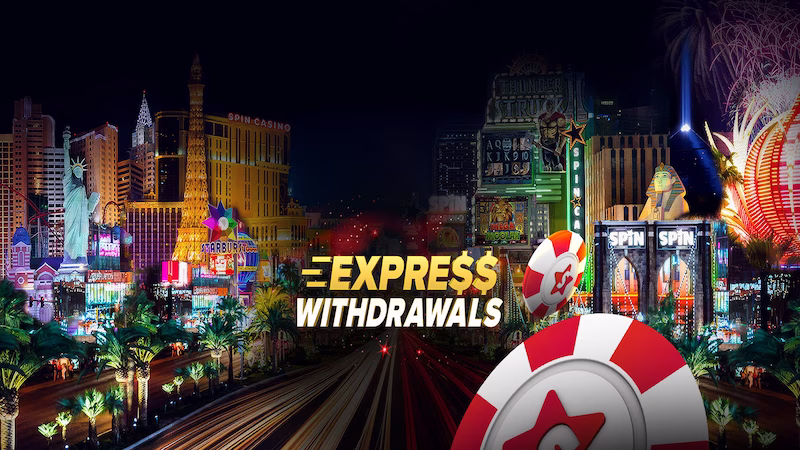 Express WIthdrawals logo with Spin Casino background: Elements of casino, las vegas themed