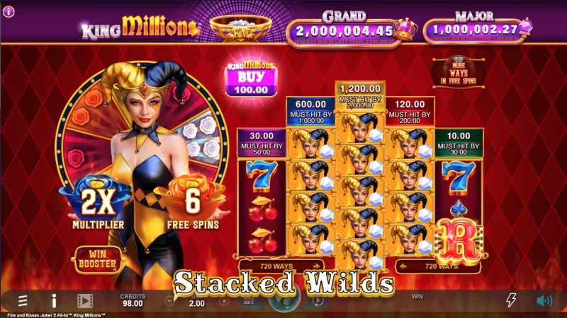 Fire and Roses Joker 2 All-In™ King Millions™ Stacked Wilds In-game free spins feature screen