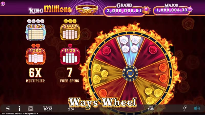 Fire and Roses Joker 2 All-In™ King Millions™ Ways Wheel In-game feature screen