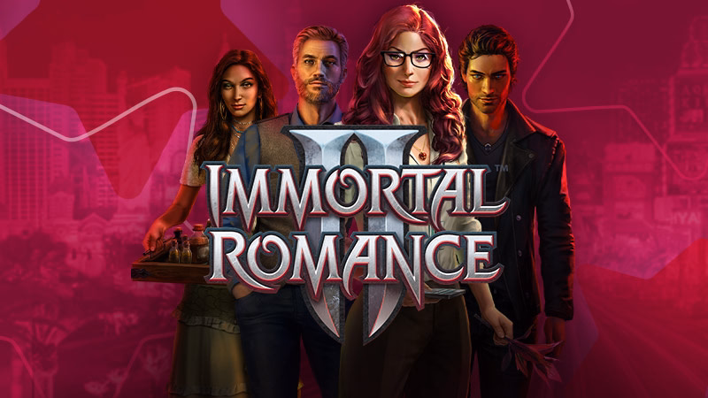 Immortal Romance II game artwork featuring four mysterious characters posed against a Spin Casino pink background with the Immortal Romance II logo in the center.