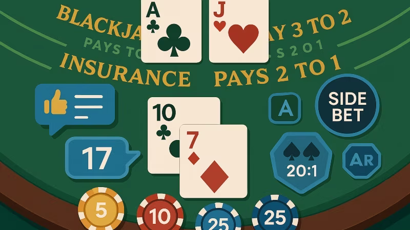Illustration of a blackjack table showing cards, chips, and digital UI elements like side bet icons, AR features, and score bubbles, representing modern live dealer blackjack innovations.