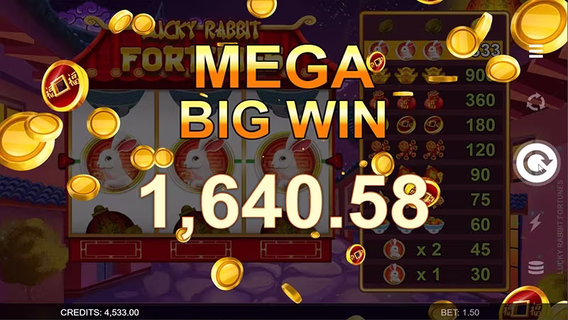Lucky Rabbit Fortunes In-game Mega Big Win screen