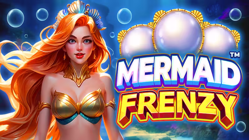 Mermaid Frenzy online slot logo: mermaid with blue background and bubbles