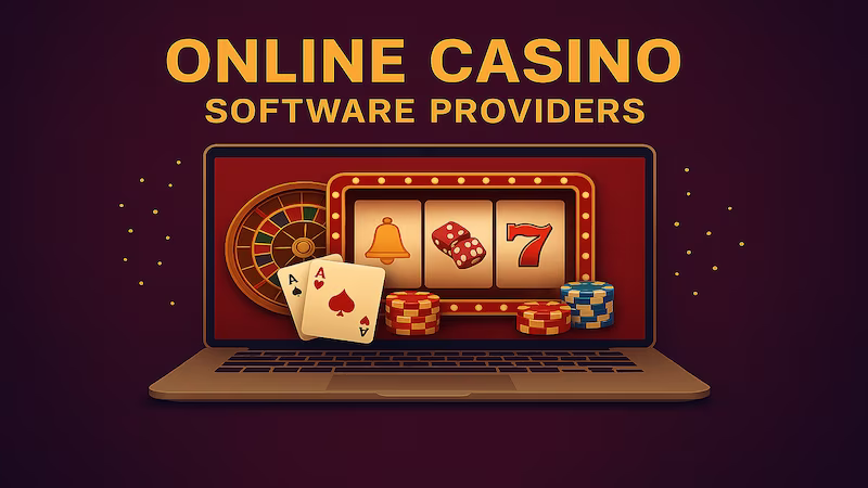 Online Casino Software Providers banner with casino elements on a laptop screen, like ace cards, roulette wheel, slot reels and chips. 