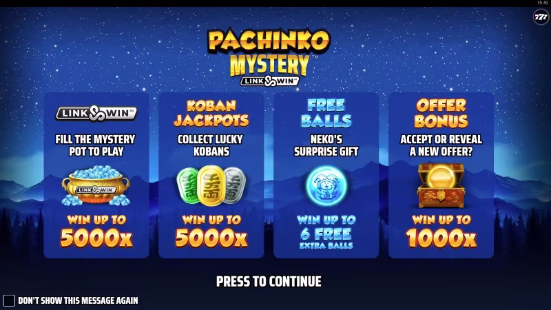 Pachinko Mystery™ Link&Win™ In-game feature intro screen
