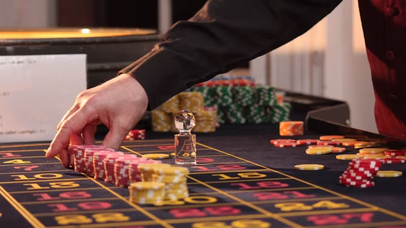 Roulette table with chips in the center