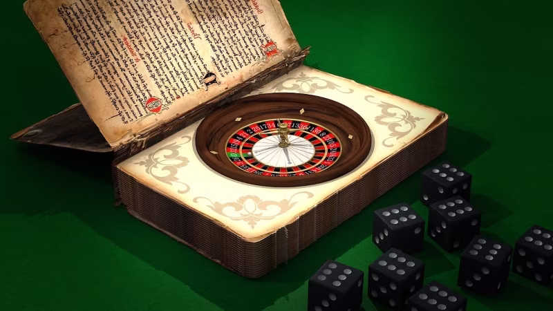 3D roulette wheel inside a book with dice on the side