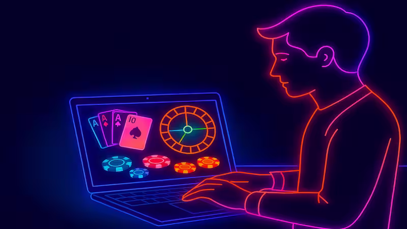 Illustration de style néon d'une personne assise devant un ordinateur portable affichant des éléments lumineux de casino