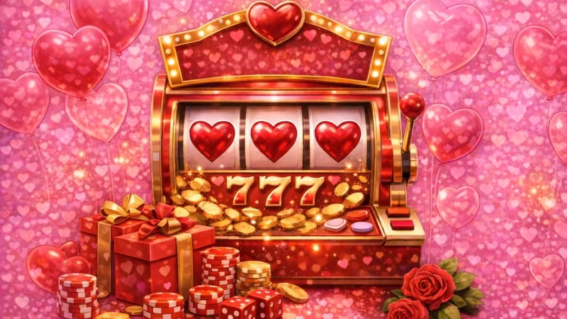 Valentine’s Day-themed slot machine with heart symbols, gold coins, gift boxes, poker chips, and roses on a pink heart-patterned background.