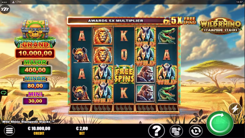  In-game play screen shot for Wild Rhino Stampede Stacks™ Spin Casino Canada online slots