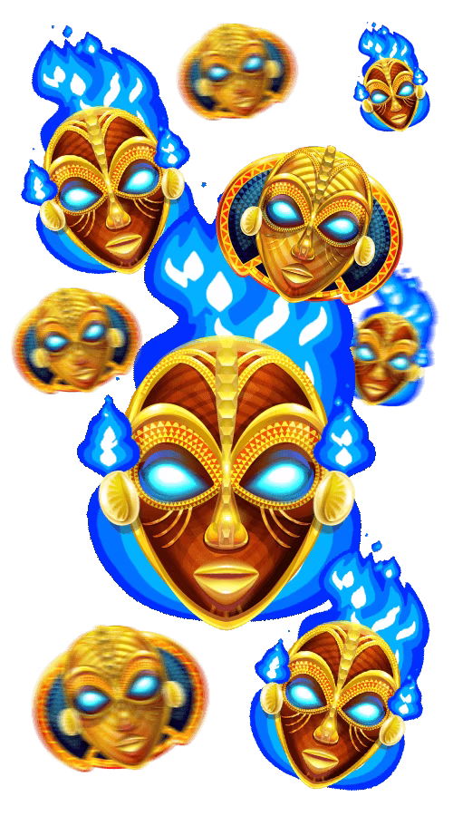 9 tiki masks with blue flames
