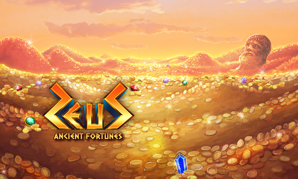 Ancient Fortunes: Zeus logo with a sea of gold coins