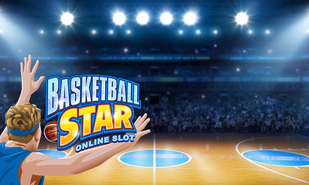 Basketball Star On Fire logo with court in arena background