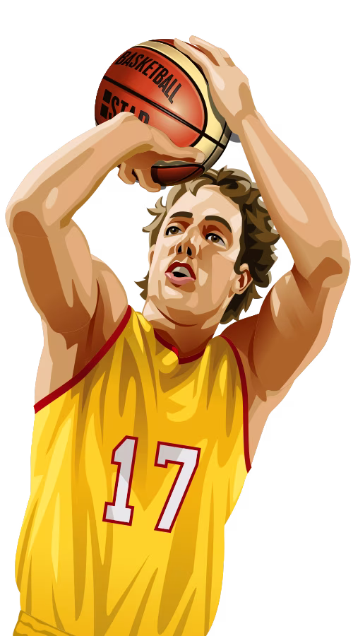 White male basketball player shooting ball in number 17 yellow shirt