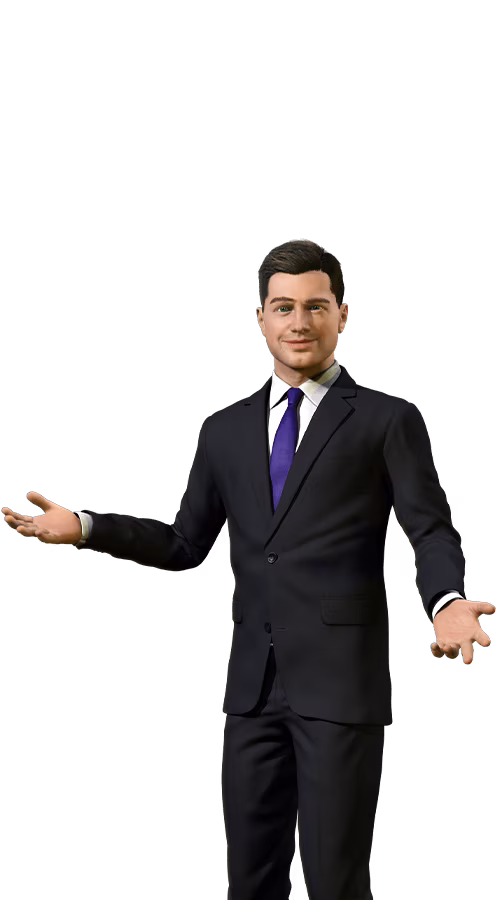 Man in black suit with purple tie with supinated hands