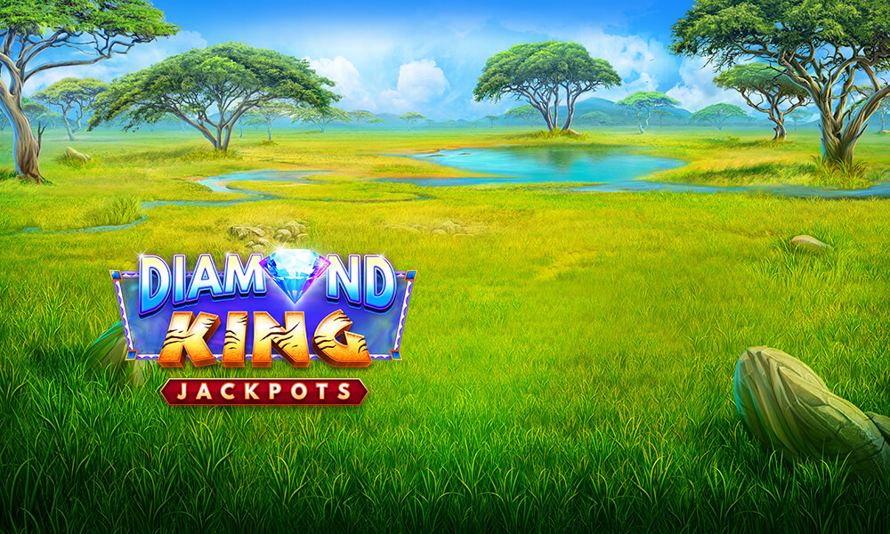 Diamond King Jackpots Slot logo with Serengeti background 