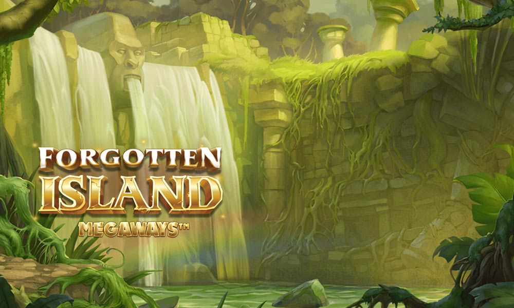 Forgotten Island logo left aligned with waterfall in jungle background