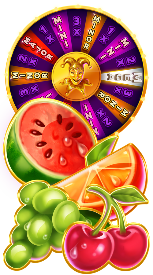 4 different fruit superimposed on jackpots wheel
