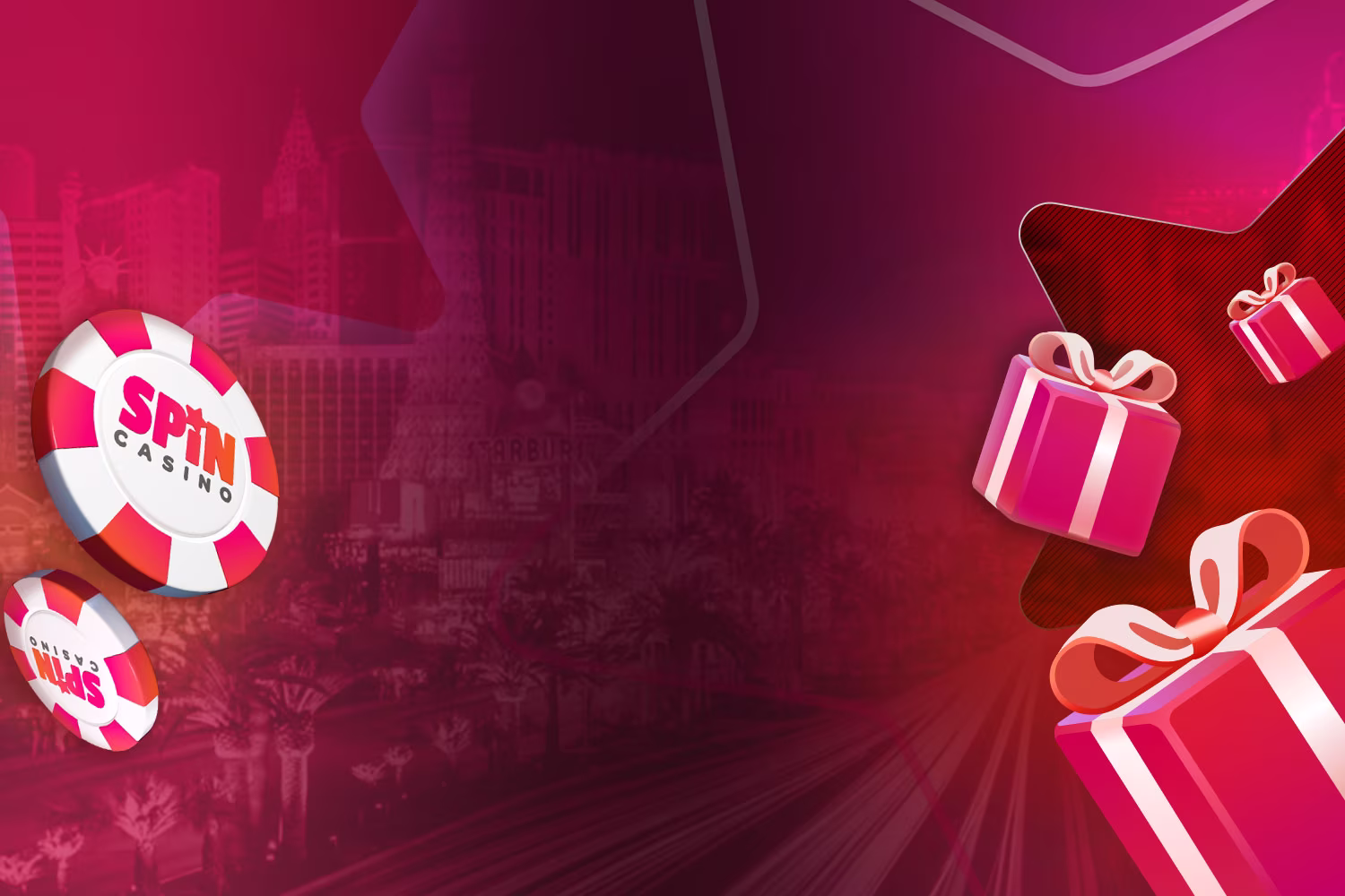 spin casino ireland promotional image with casino chips and presents over a star