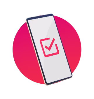 Round red image with a mobile device and a red correct tick in the middle