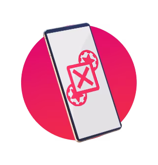 Round red image with a mobile device and two red chip and a X