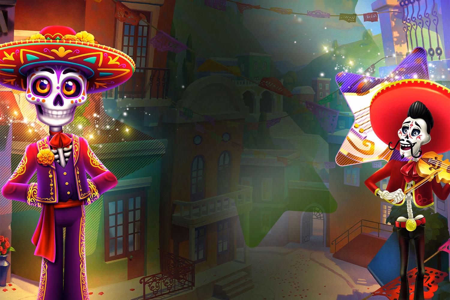Imagen de fondo de los personajes de los juegos Dia del Mariachi MEGAWAYS™ y Day Of The Dinero™.