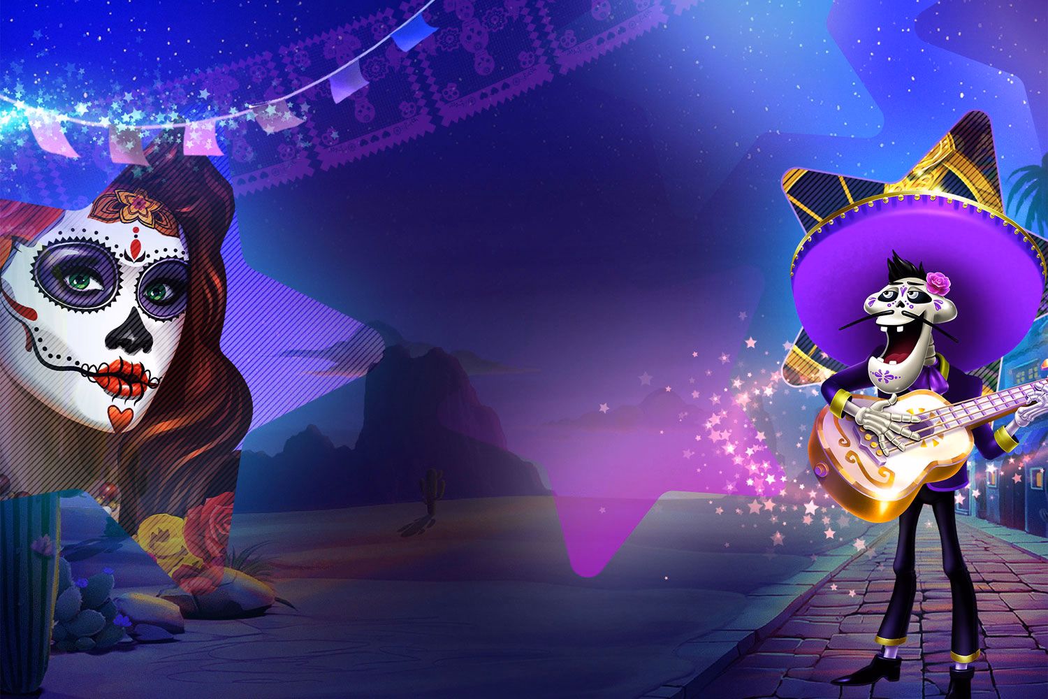 Background image of Beautiful Bones and Dia del Mariachi MEGAWAYS™ game characters