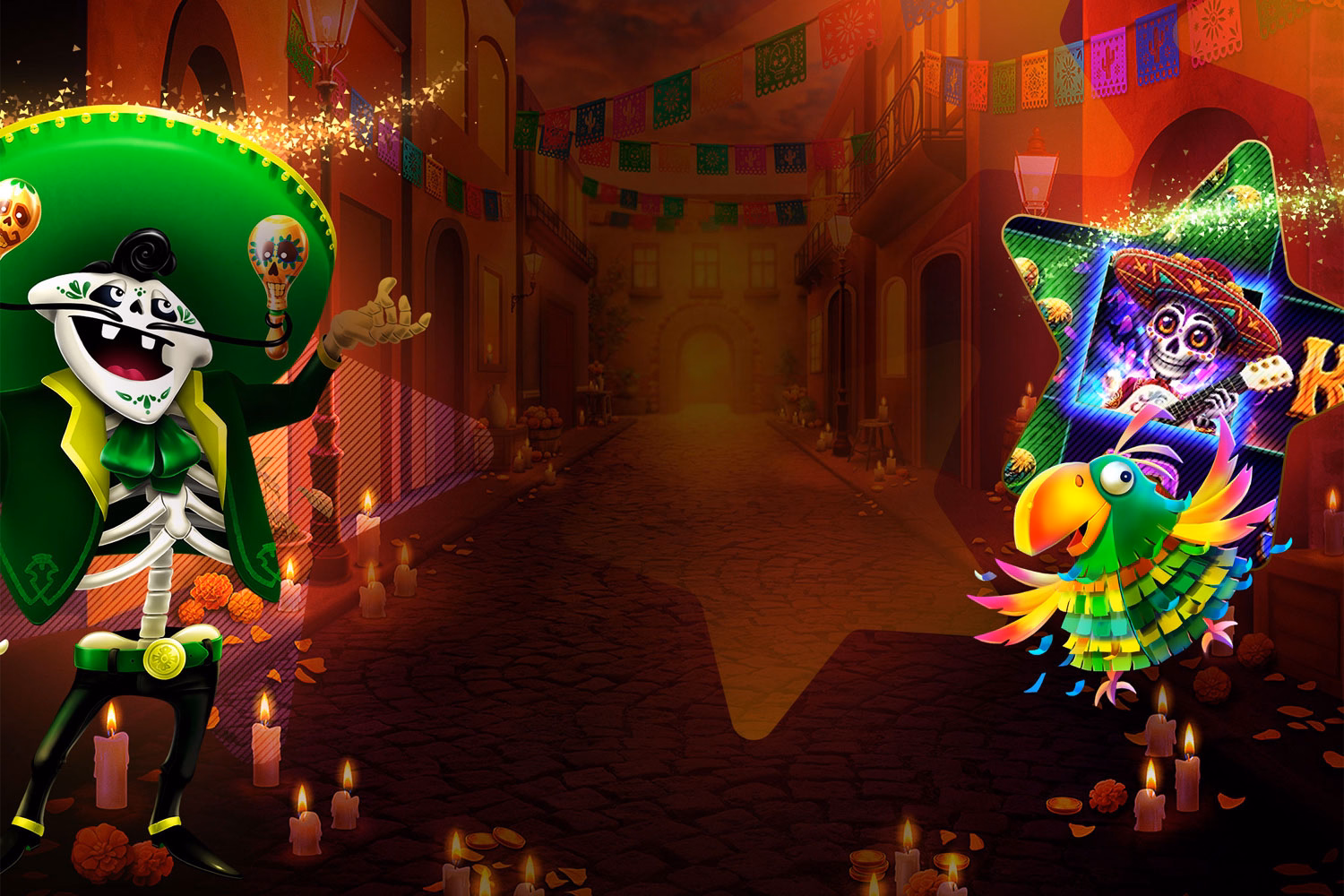 Background image of Day Of The Dinero™, Dia del Mariachi MEGAWAYS™ and Pinata Explosivo™ game characters