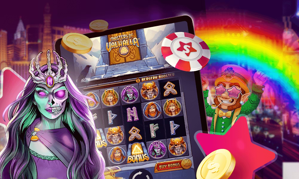 Personajes de los juegos 9 Pots of Gold™ y Masters Of Valhalla™ con un dispositivo móvil